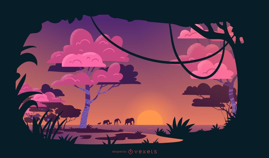 Diseño de ilustración de atardecer de safari Diseño de ilustración de atardecer de safari