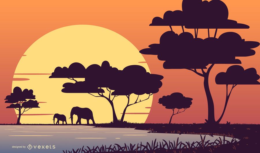 Ilustración de paisaje de puesta de sol de safari Ilustración de paisaje de puesta de sol de safari