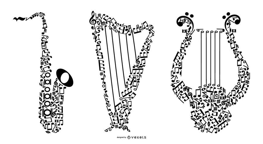 Musical Instruments With Notes Set Musical Instruments With Notes Set
