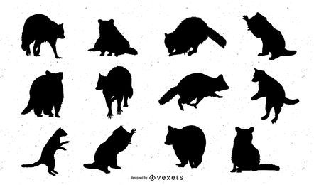 Conjunto de silueta de vector de mapache