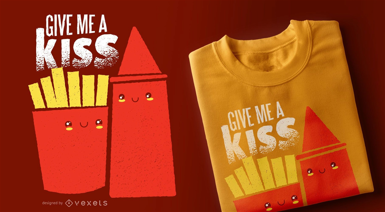 Design de t-shirt com fritas ketchup beijo