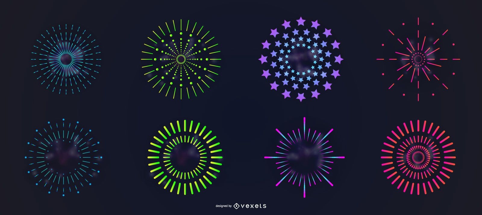 Conjunto de vectores coloridos fuegos artificiales simples
