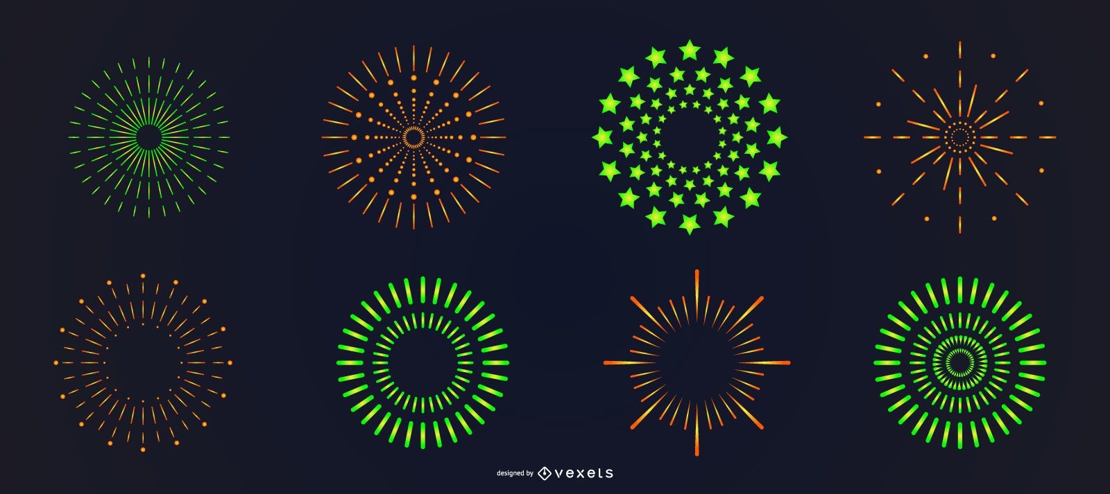 Conjunto de fogos de artifício verde laranja brilhante