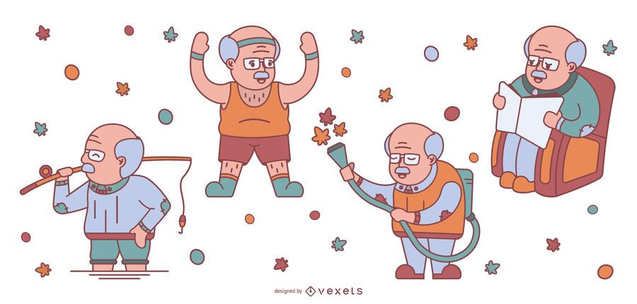 Pacote de ilustração de vovô bonito de design plano Pacote de ilustração de vovô bonito de design plano