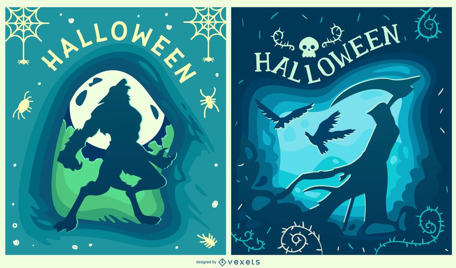 Conjunto de banner de papercut de criaturas de Halloween Conjunto de banner de papercut de criaturas de Halloween