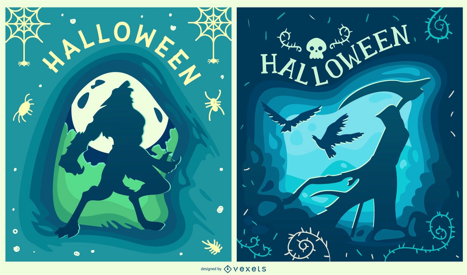 Conjunto de banners de criaturas de Halloween cortadas em papel