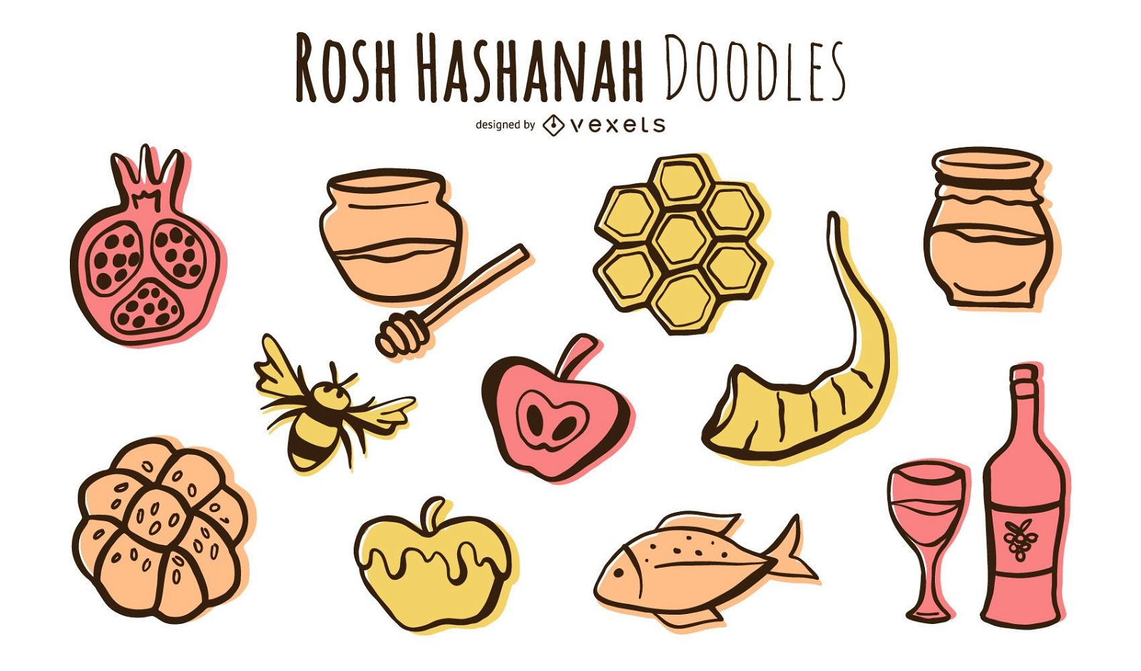 Rosh Hashanah doodle elements set