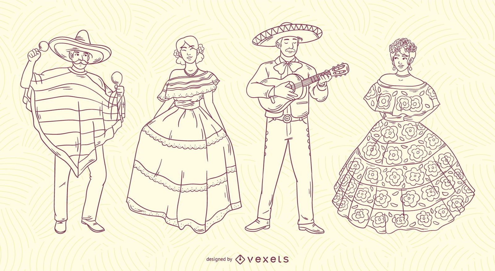 Mexican characters stroke set