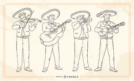 Personajes de trazo de mariachis mexicanos