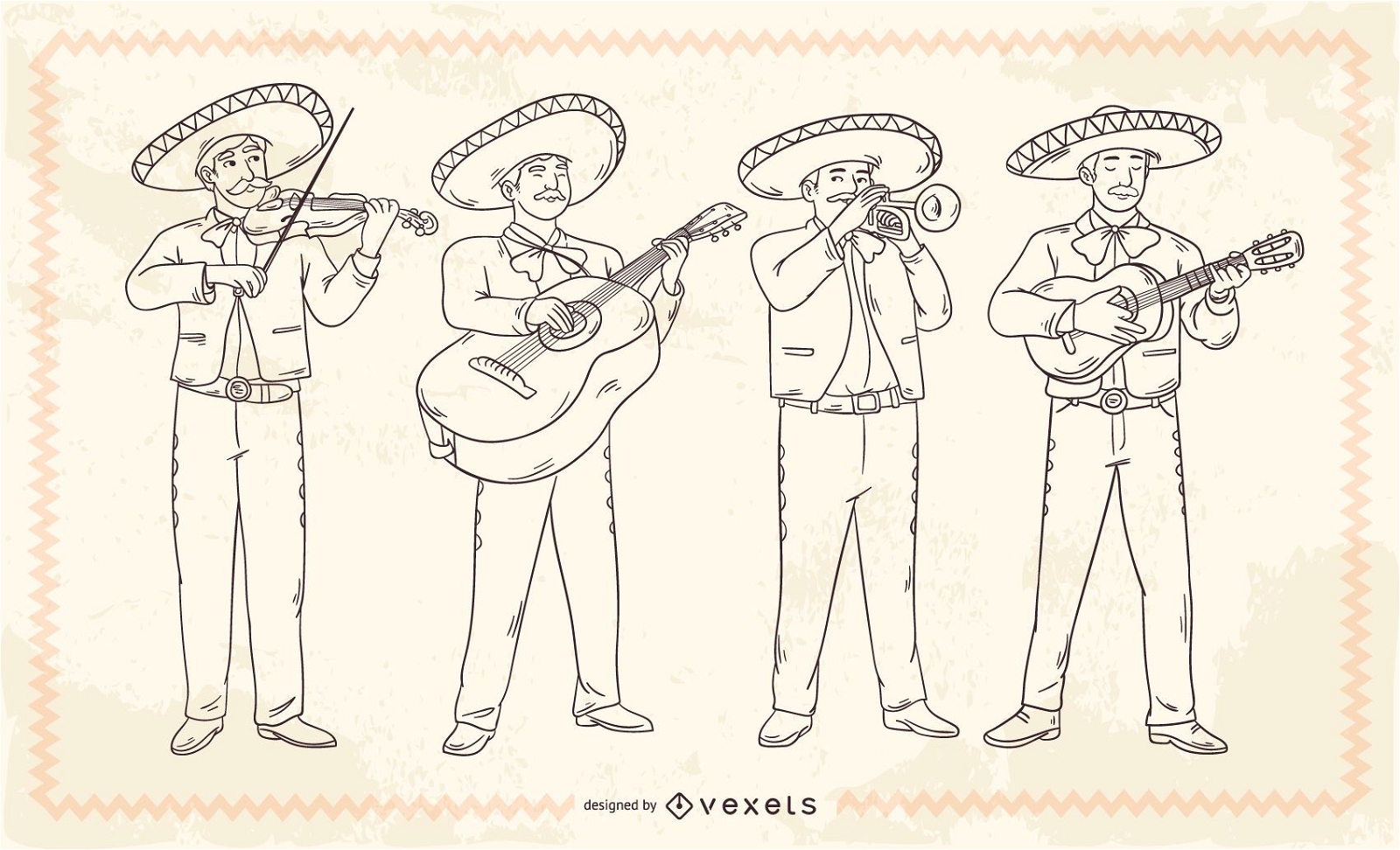 Personagens de traços de mariachis mexicanos