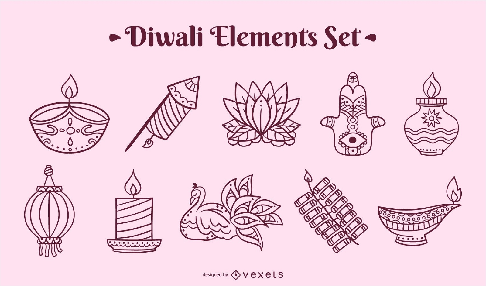 Diwali stroke elements set