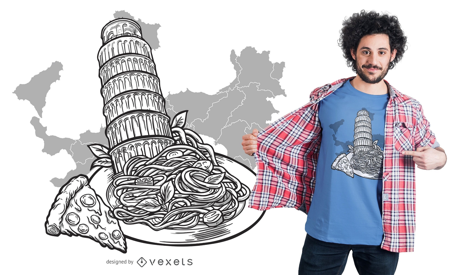 Torre de Pisa e design de camisetas de alimentos