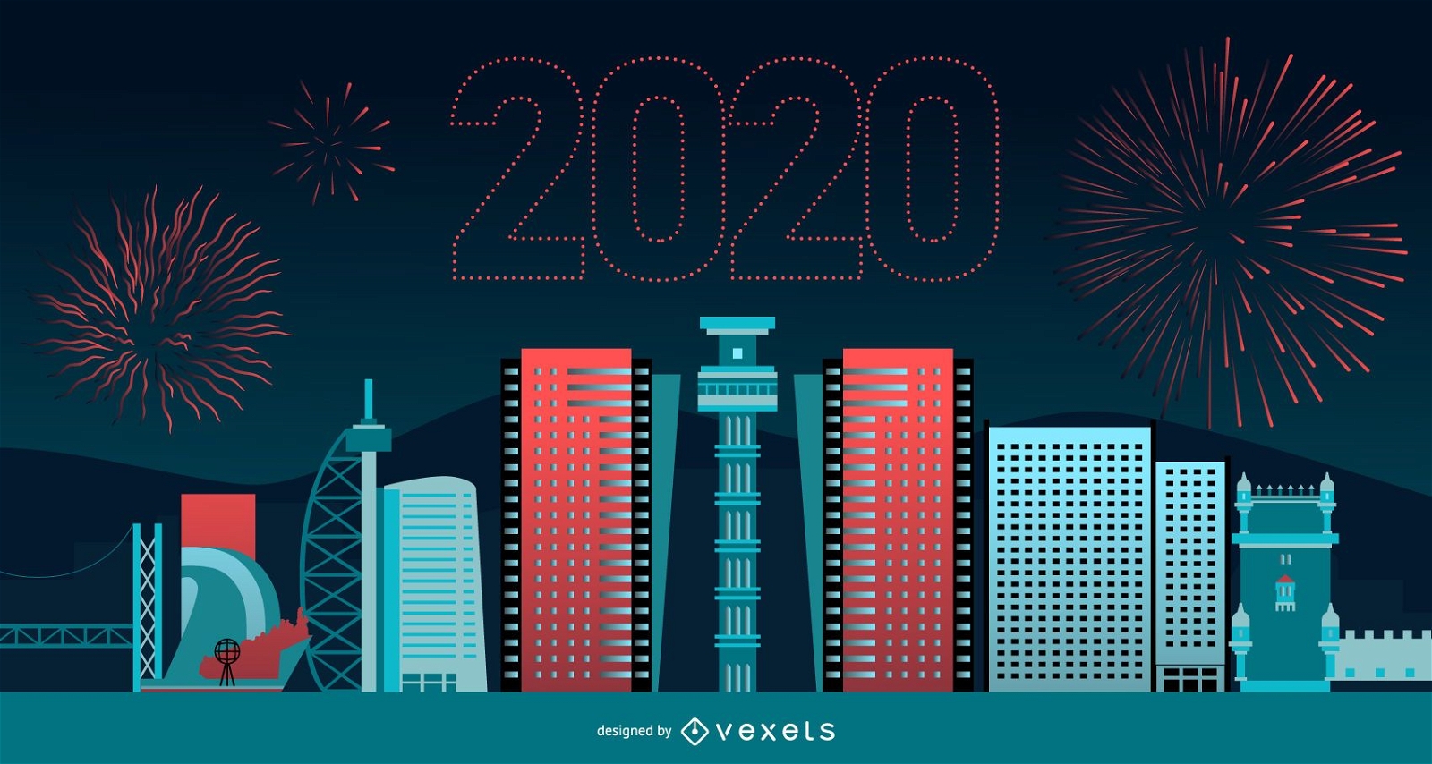 Feliz 2020 diseño de banner de horizonte de Lisboa