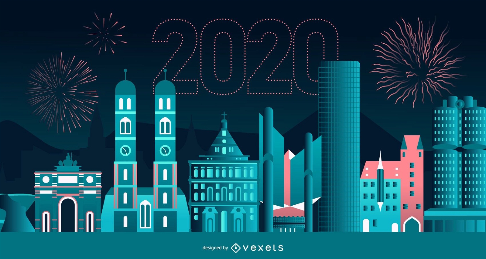 Feliz 2020 dise?o de banner de horizonte de Munich