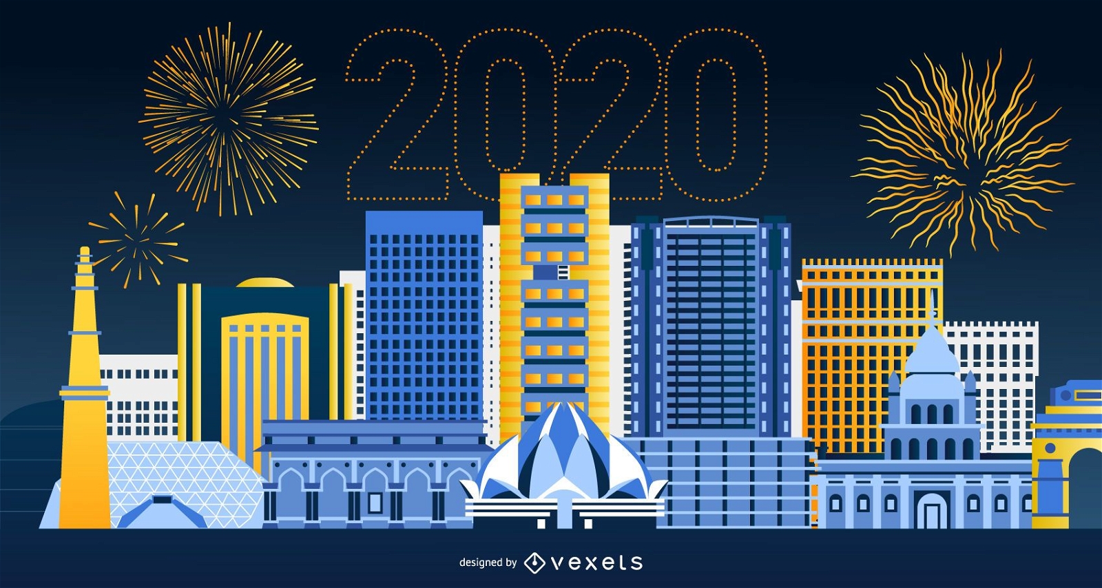 Feliz 2020 diseño de banner del horizonte de Delhi