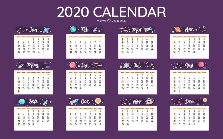 Diseño de calendario espacial 2020 Diseño de calendario espacial 2020
