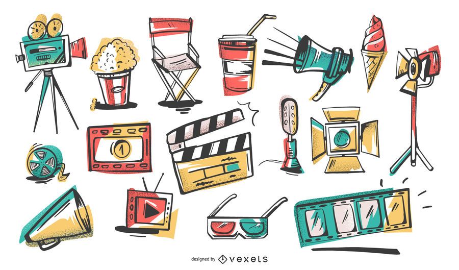 Conjunto de ilustración de elementos de cine Conjunto de ilustración de elementos de cine