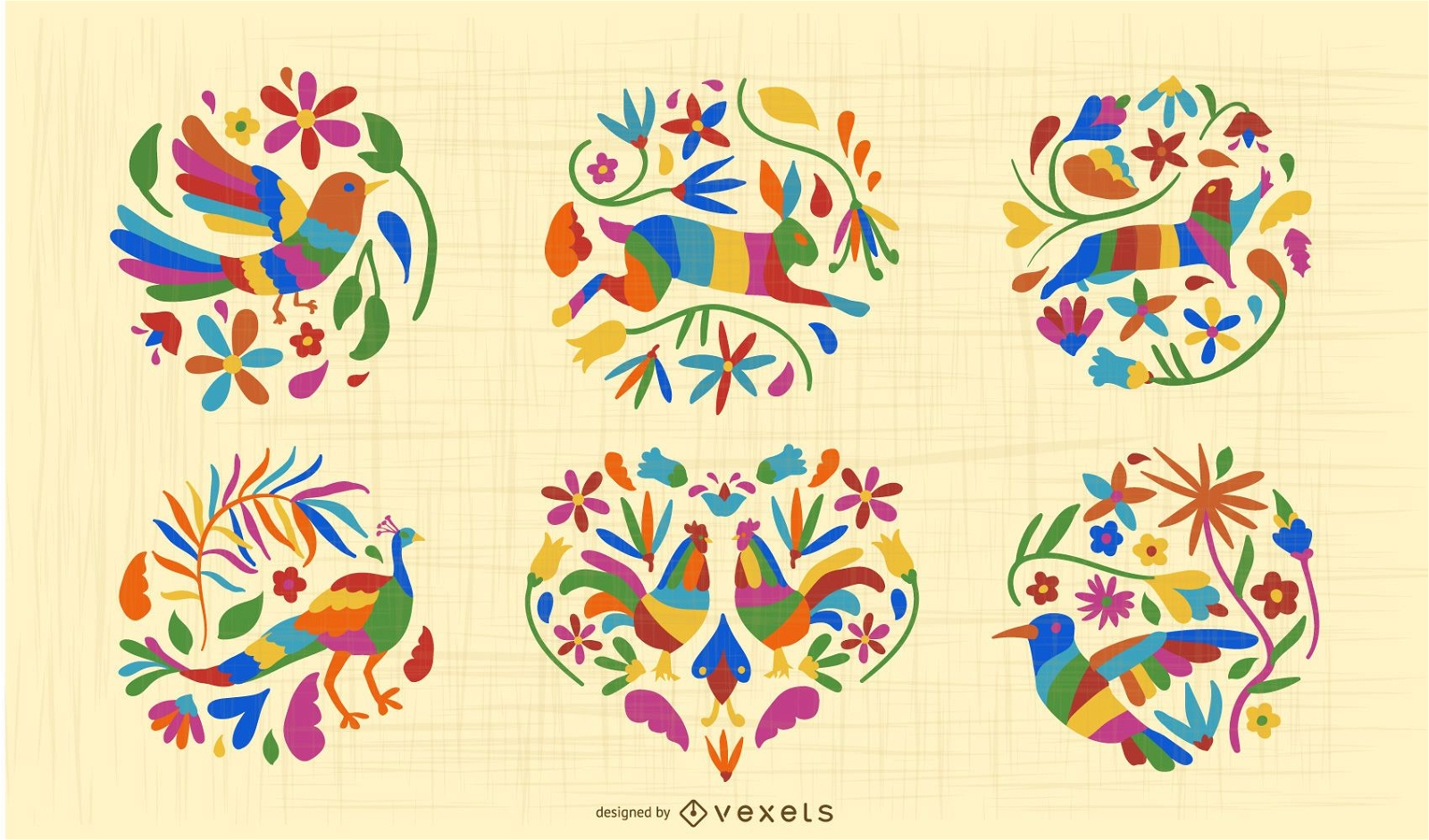 Conjunto de diseño de animales de estilo otomí mexicano