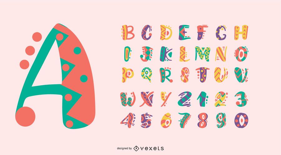 Conjunto de números de letras do alfabeto colorido em estilo mexicano Conjunto de números de letras do alfabeto colorido em estilo mexicano