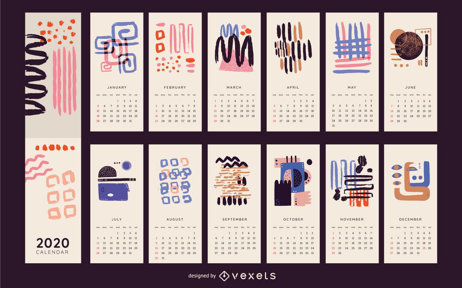 Abstract colorful 2020 calendar design