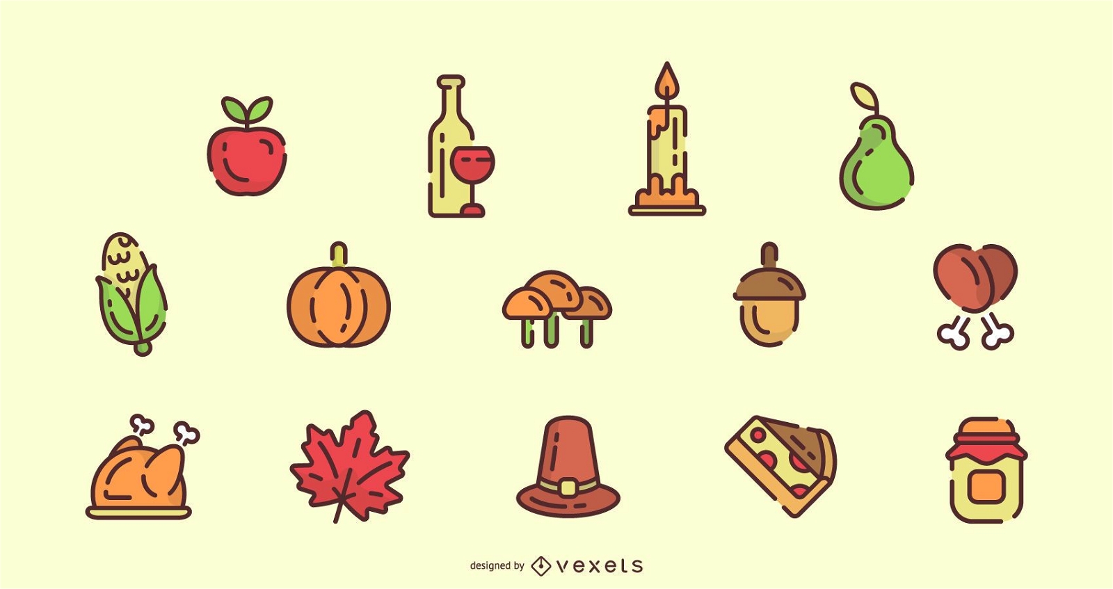 Conjunto de ícones de cores de traço de Ação de Graças