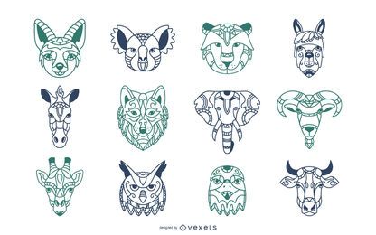 Tiermandala-Kopf-Illustrations-Satz Tiermandala-Kopf-Illustrations-Satz