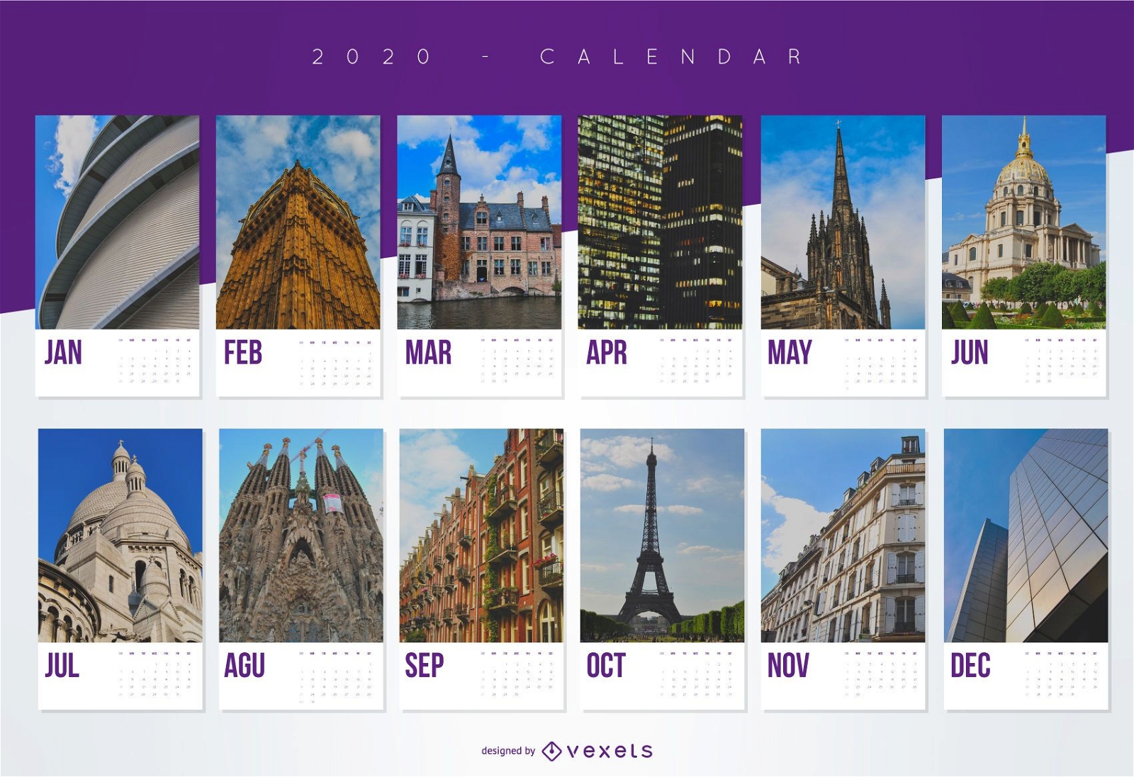 Diseño de calendario de ciudad Landmark Year 2020