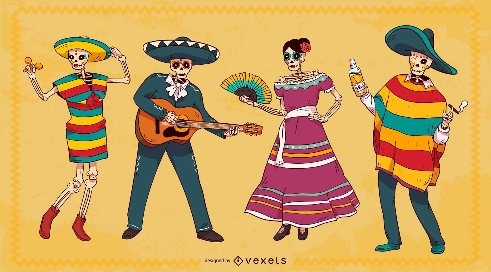 Conjunto de personagens de esqueleto mexicano