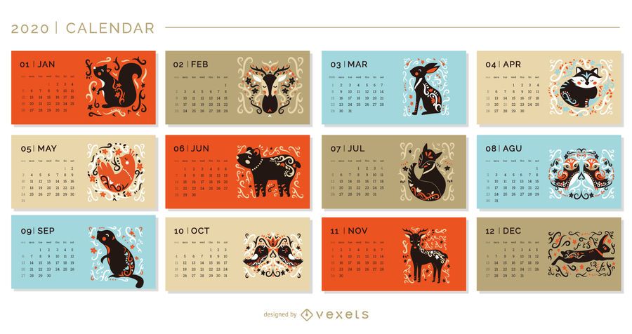 Calendario de animales artísticos 2020 Calendario de animales artísticos 2020