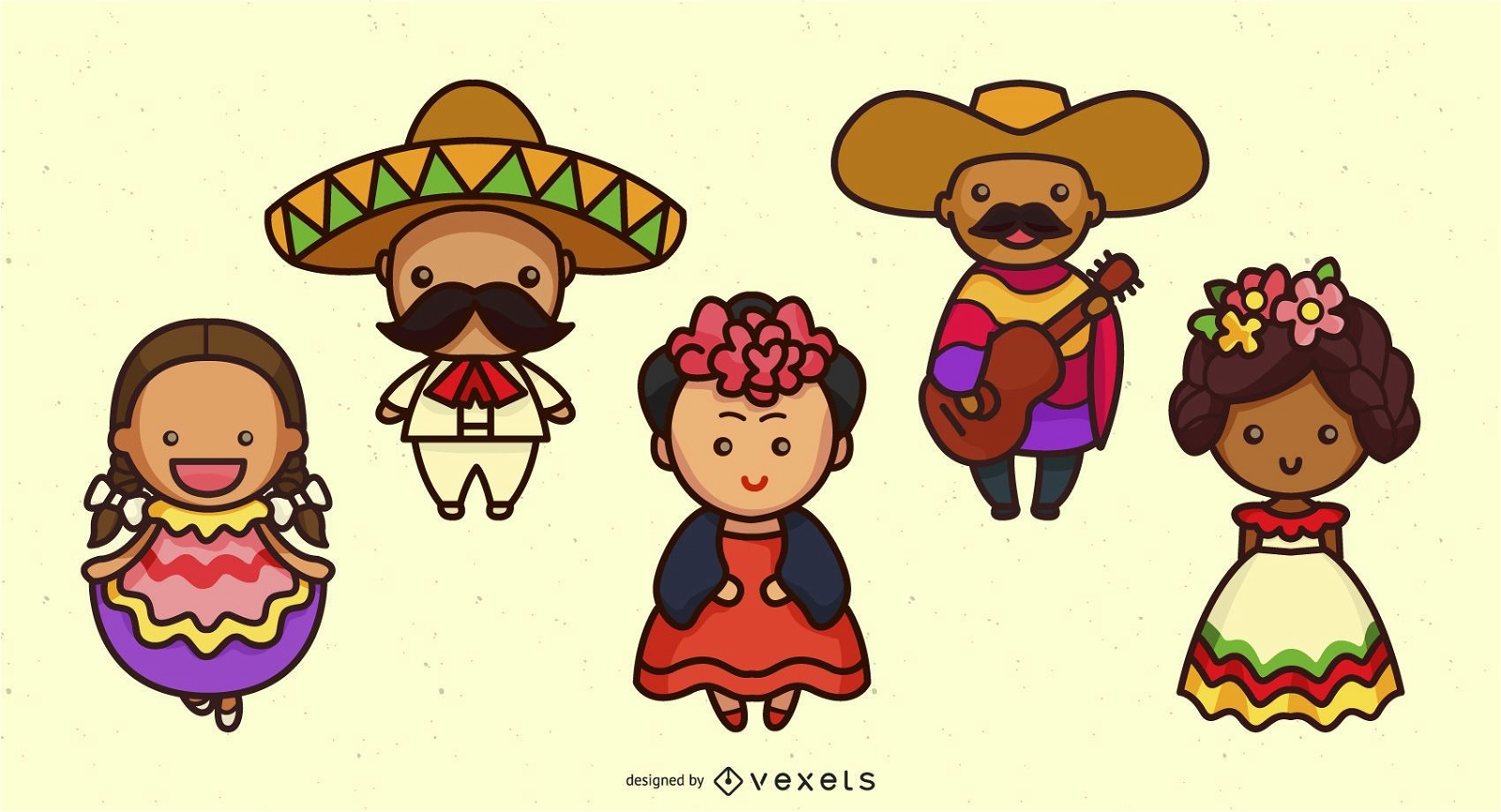 Conjunto fofo de personagens mexicanos