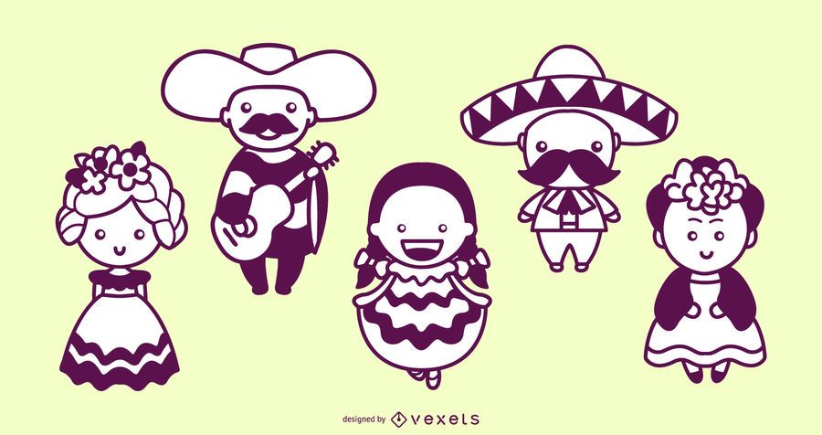 Mexican characters cute stroke set Mexican characters cute stroke set