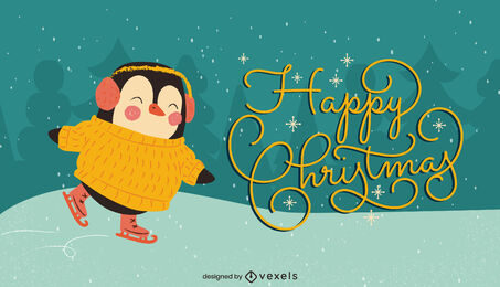 Christmas penguin ice skate illustration