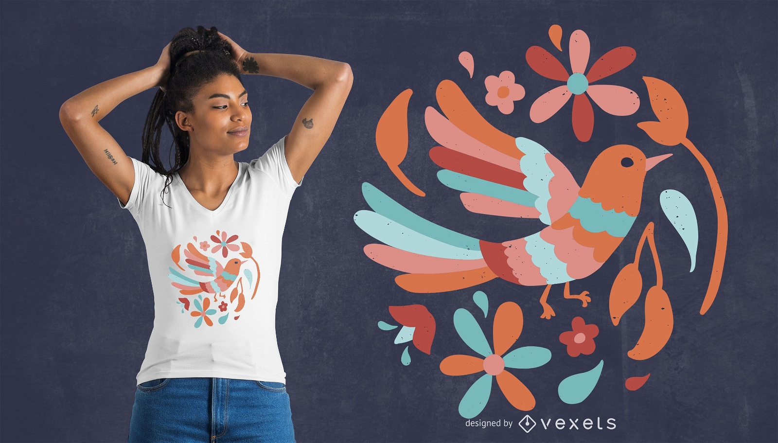 Design floral de t-shirt de pássaro