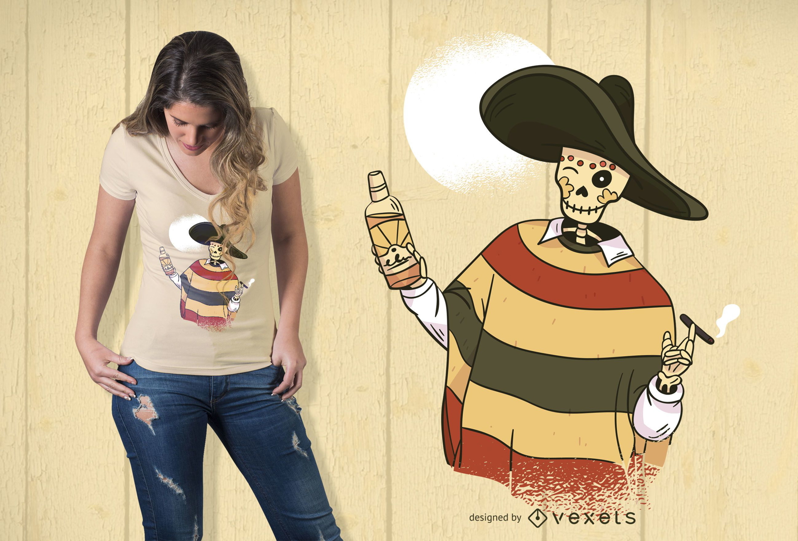 Diseño de camiseta de esqueleto mexicano