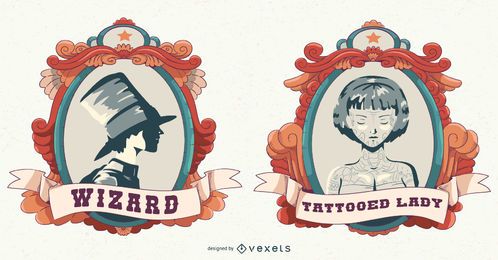 Conjunto de banners de personas de atracción de circo vintage