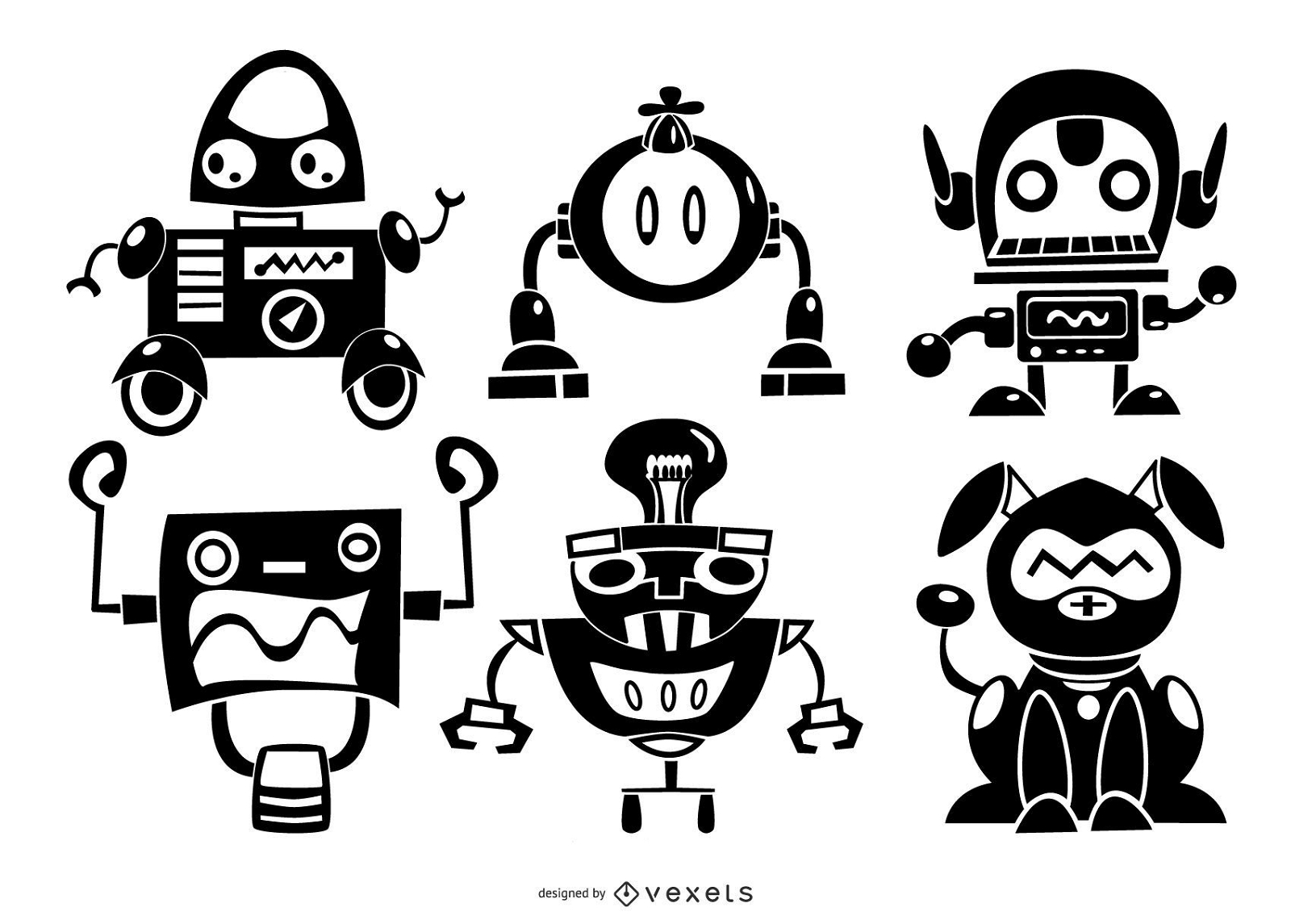 Conjunto de caracteres de silhueta de robôs