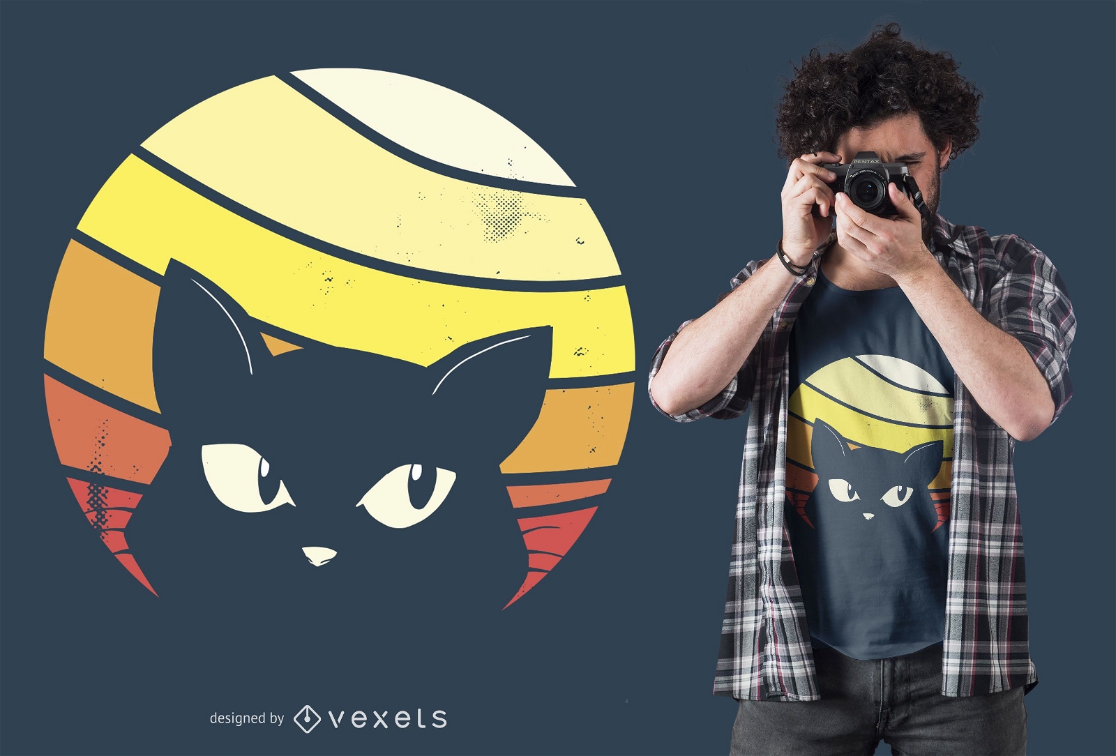 Design retrô de t-shirt gato pôr do sol
