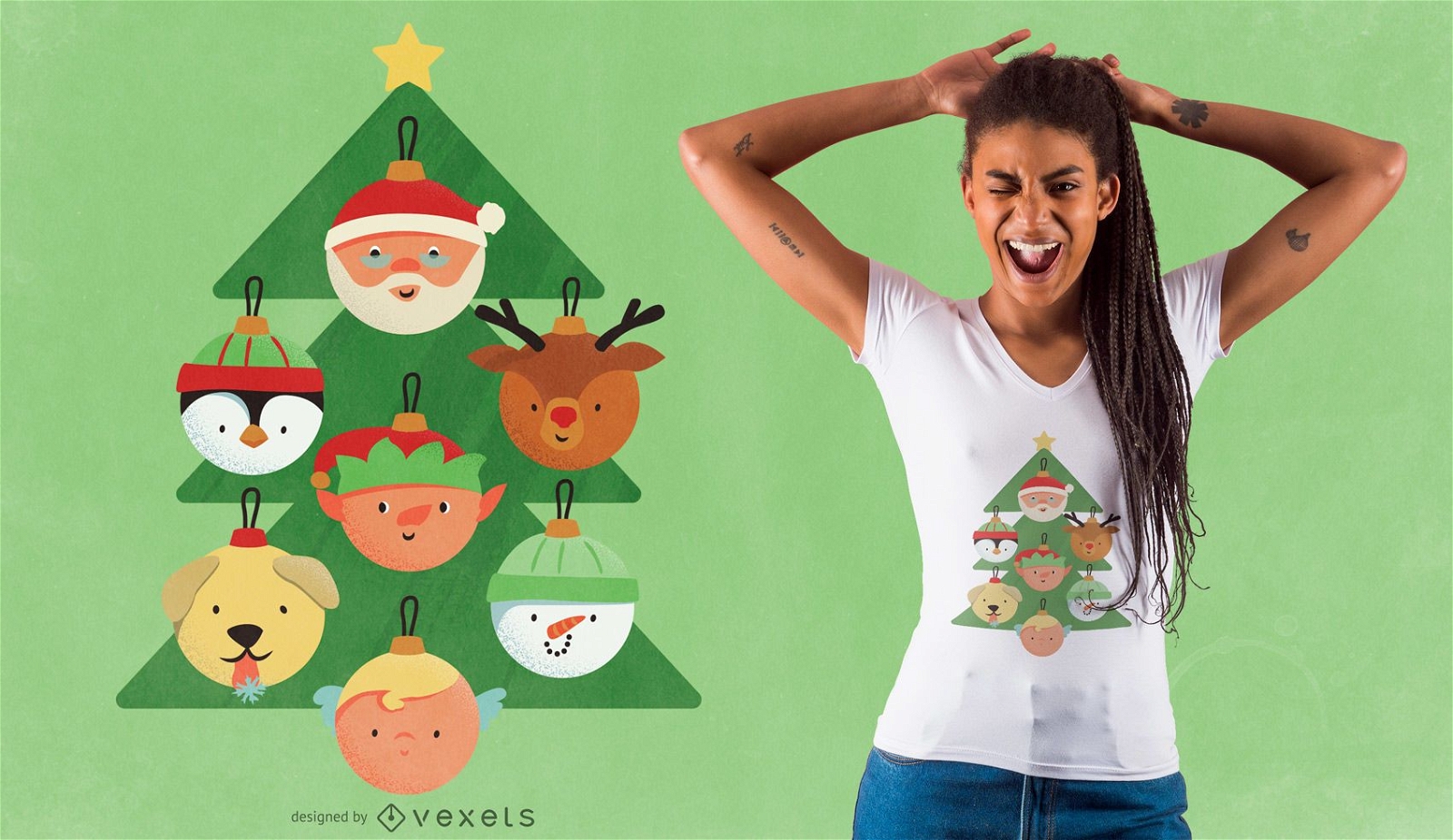 Diseño de camiseta de personajes de árbol de navidad.