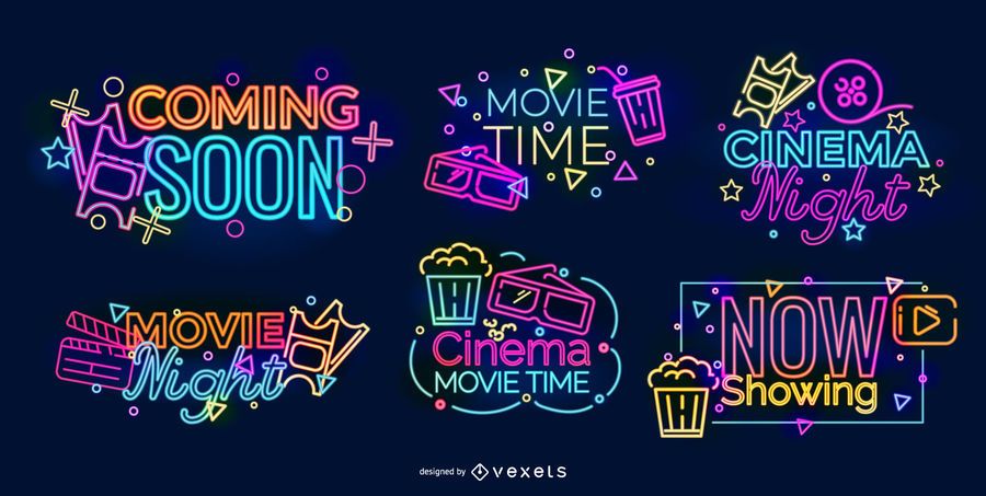 Conjunto de Design de Cinema Neon Sign Conjunto de Design de Cinema Neon Sign