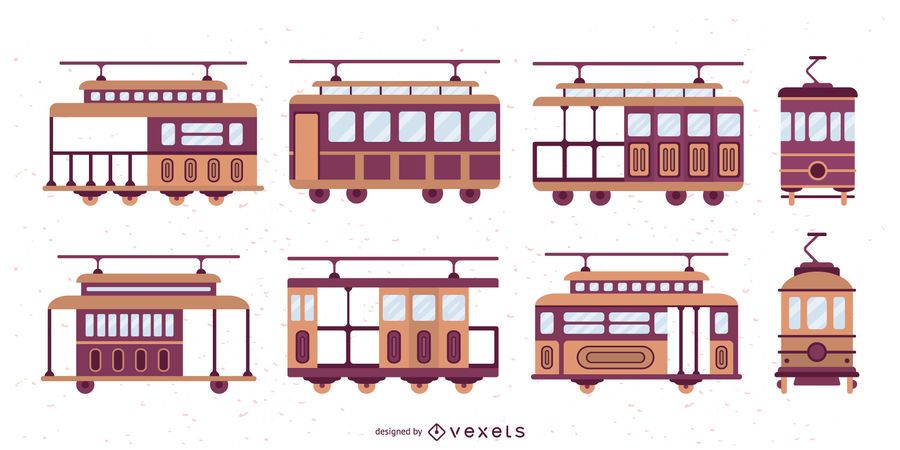 Conjunto de ilustração de Design plano de bonde Conjunto de ilustração de Design plano de bonde