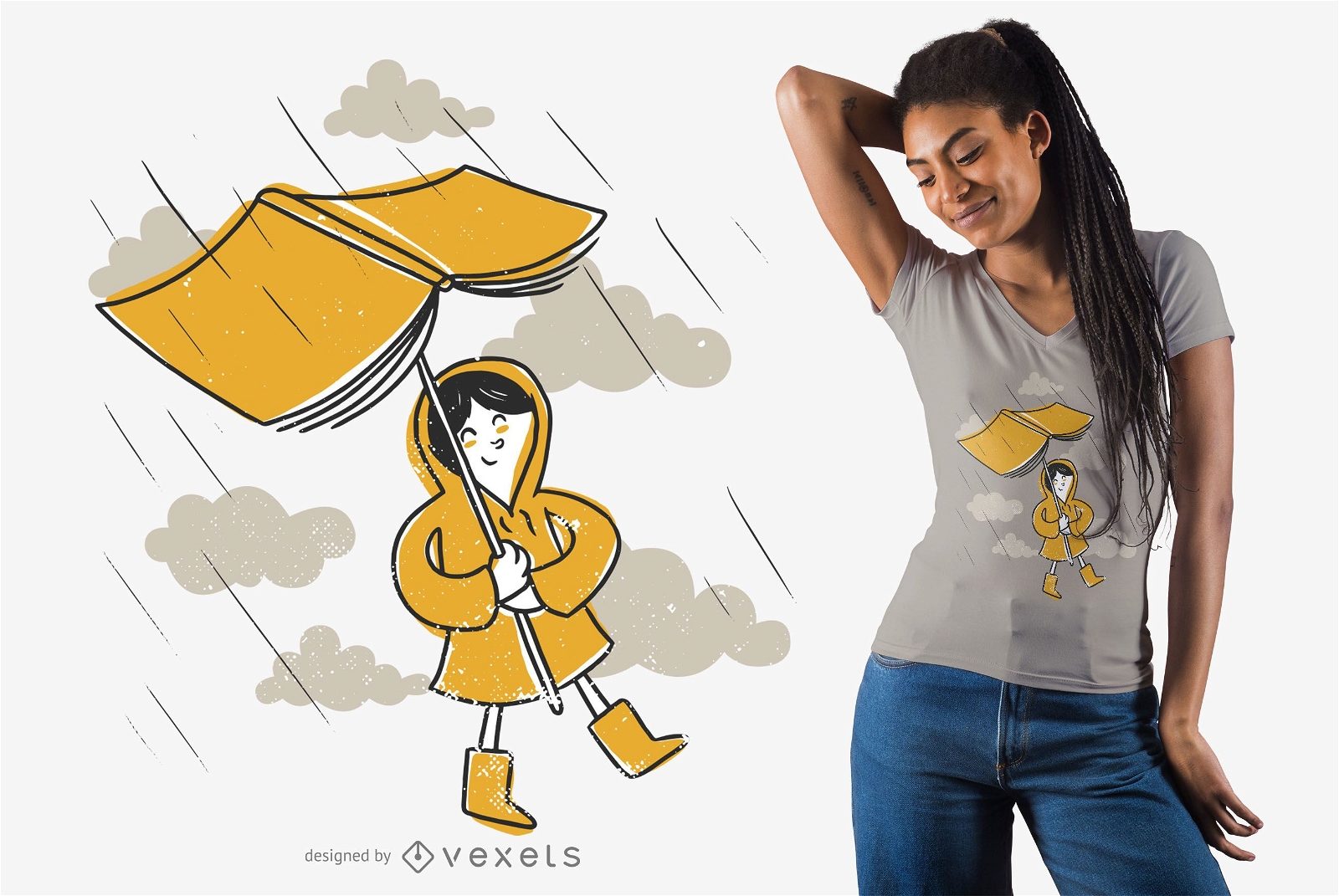 Design de camiseta de chuva de livro