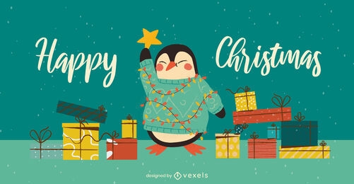 Animal pingüino feliz con regalos de navidad