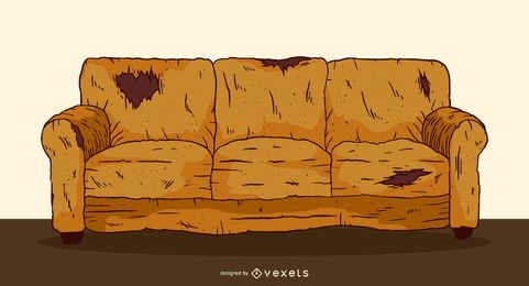 Ilustración de sofá viejo desgastado