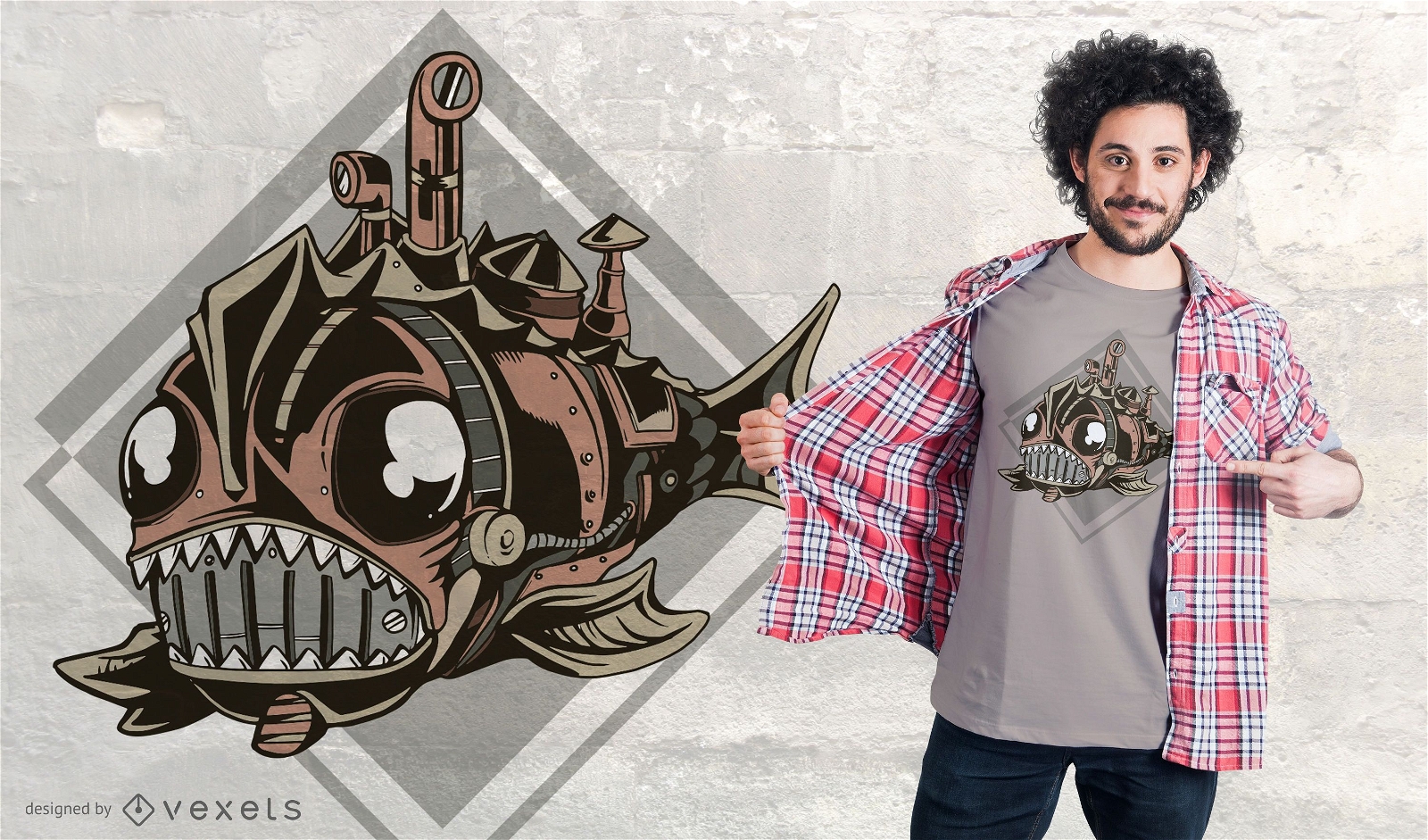 Design de camisetas de peixes mec?nicos Steampunk