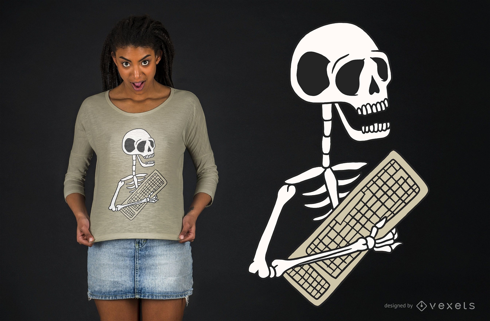 Design de camiseta com teclado de esqueleto
