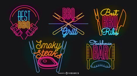 Conjunto de diseño de letrero de neón de barbacoa