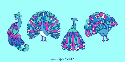 Conjunto de ilustración animal colorido pavo real Conjunto de ilustración animal colorido pavo real