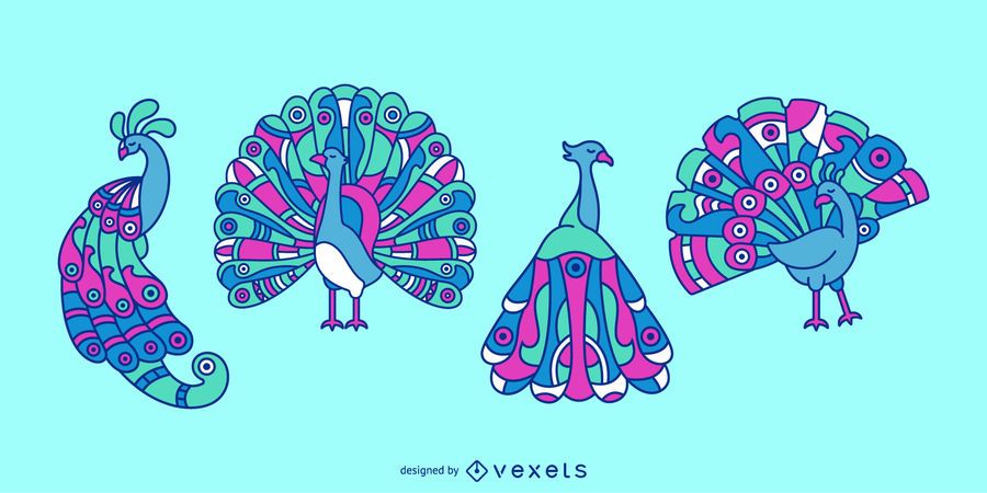 Colorful Peacock Animal Illustration Set Colorful Peacock Animal Illustration Set