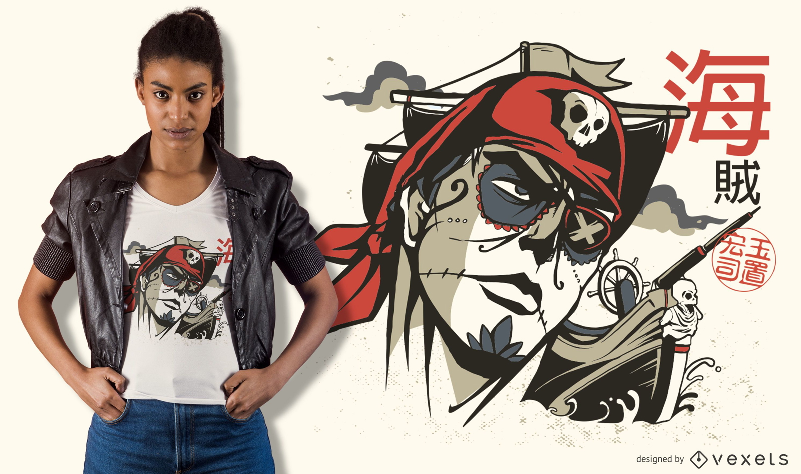 Design de camiseta de pirata com caveira de a?car