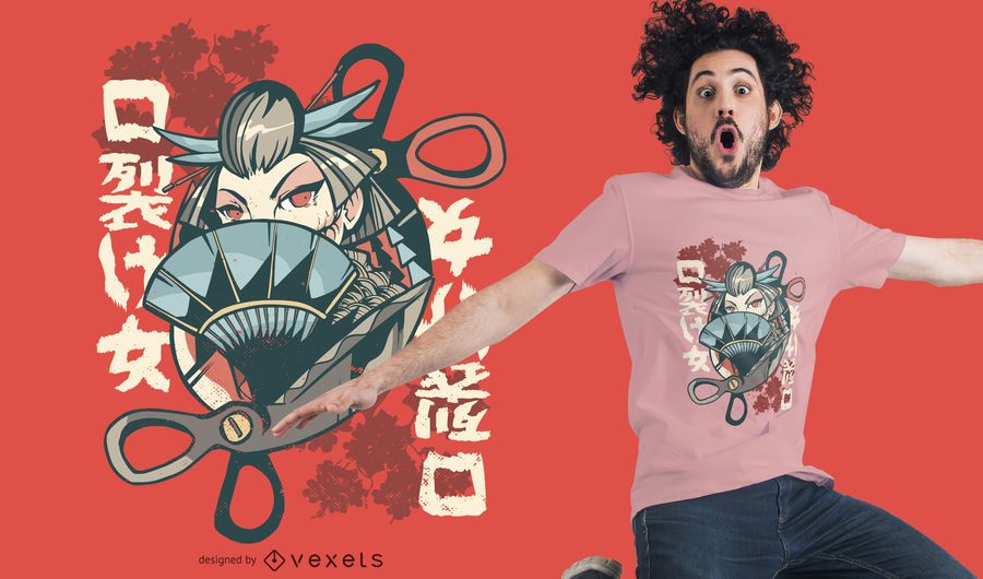 Projeto japonês do t-shirt da mulher de Kuchisake-onna Projeto japonês do t-shirt da mulher de Kuchisake-onna